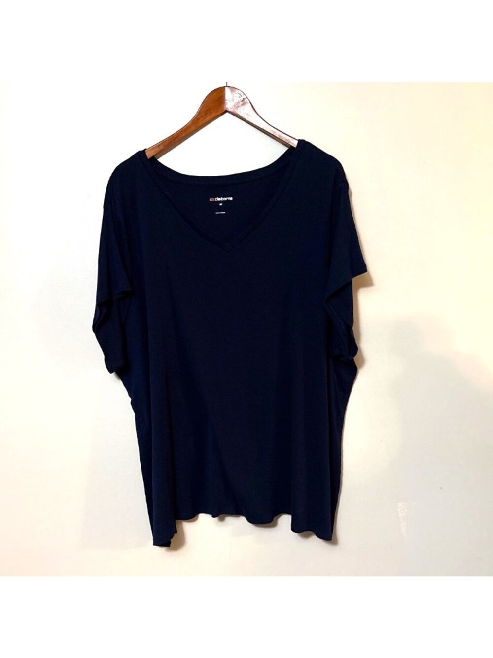 Liz‎ Claiborne Womens Navy Blue V-Neck Cotton T-Shirt 4X Relaxed Fit Casual Top